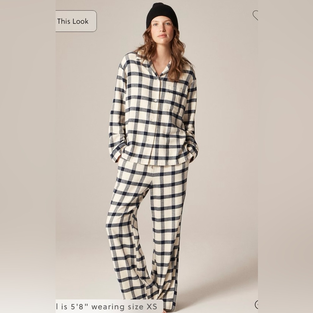 J.Crew Flannel long-sleeve pajama pant set in plaid NWT Cream Navy